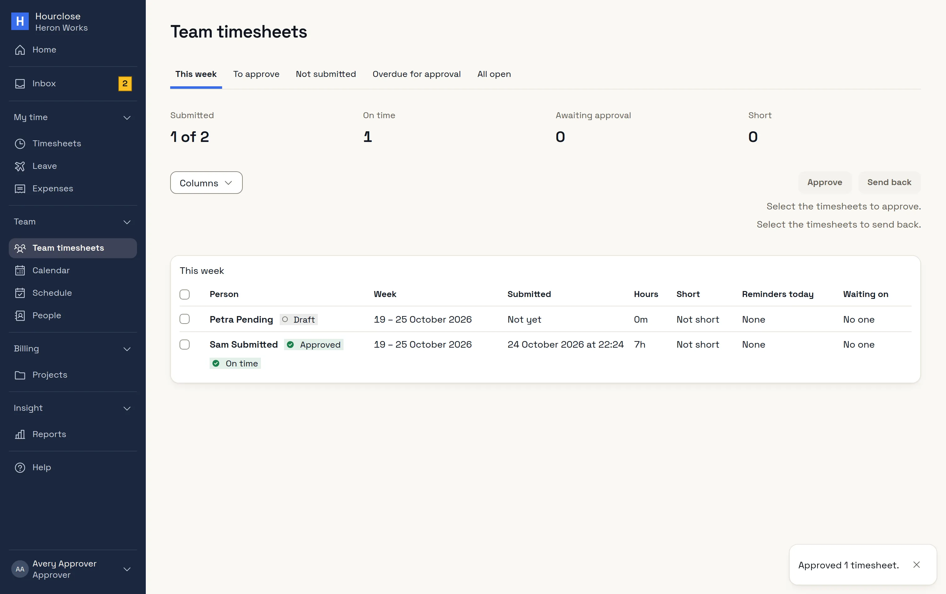 Team timesheets with the person's week Approved and the message that one timesheet was approved.
