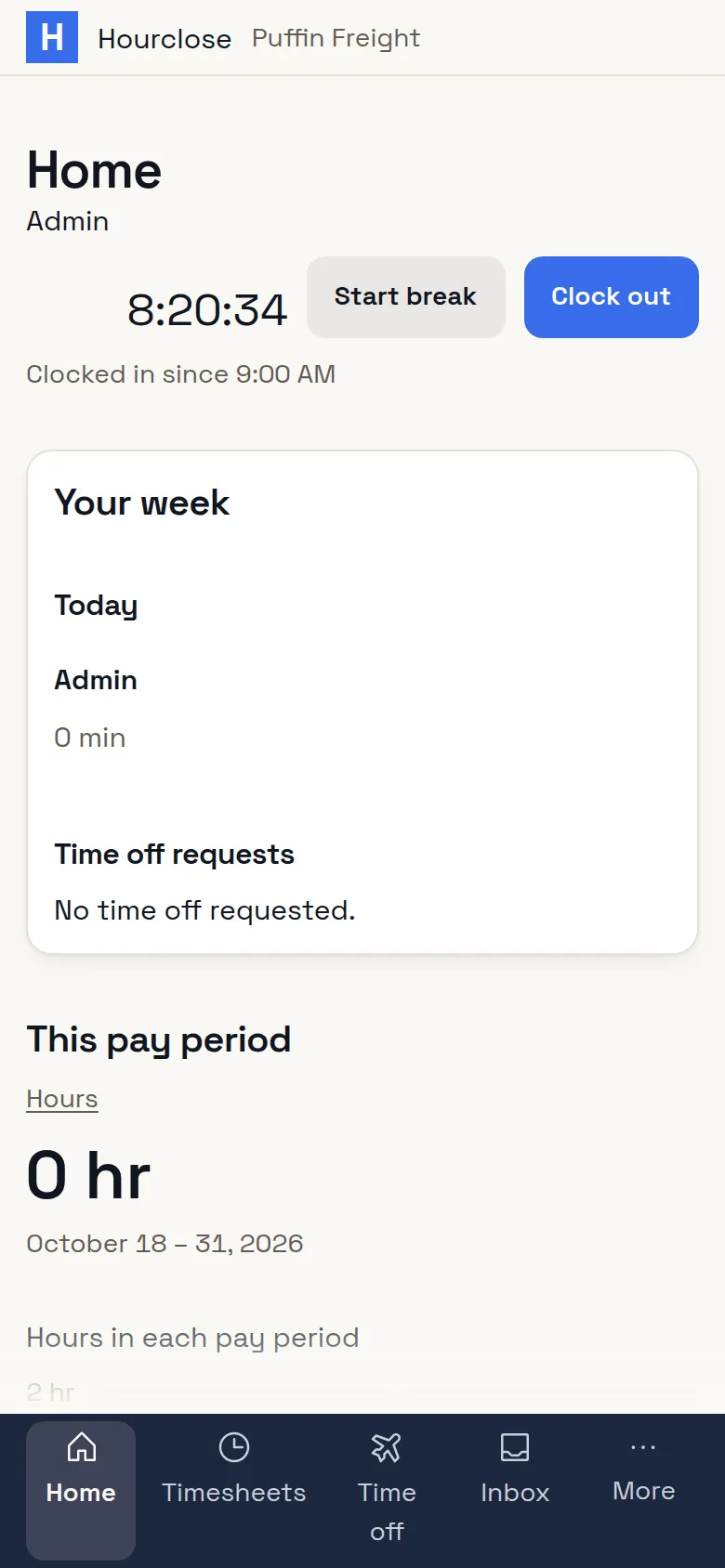 Home on the phone, clocked in since 9:00 AM, with Start break and Clock out.