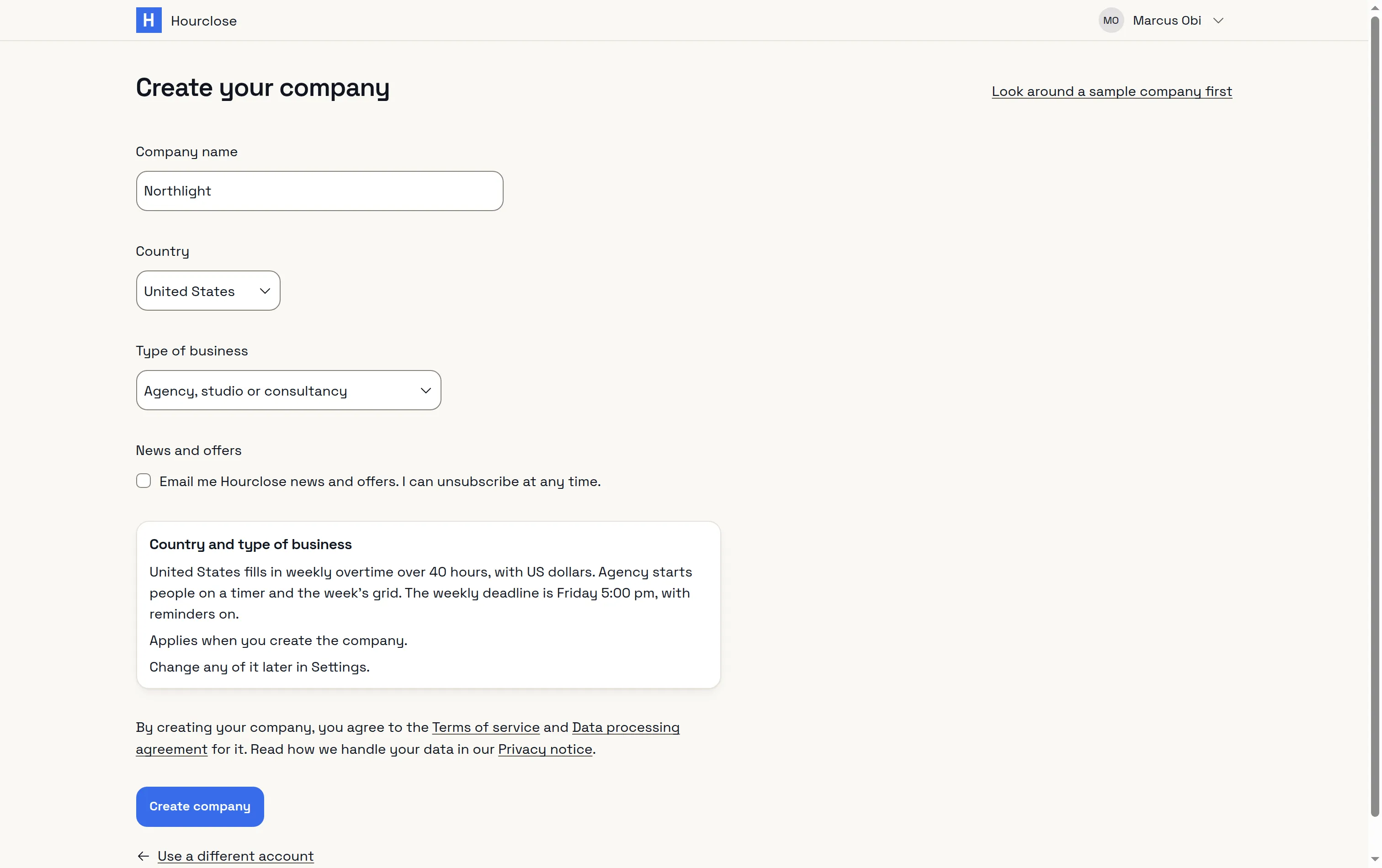 Create your company: name Northlight, country United States, type of business agency, studio or consultancy, with what the country and type fill in.