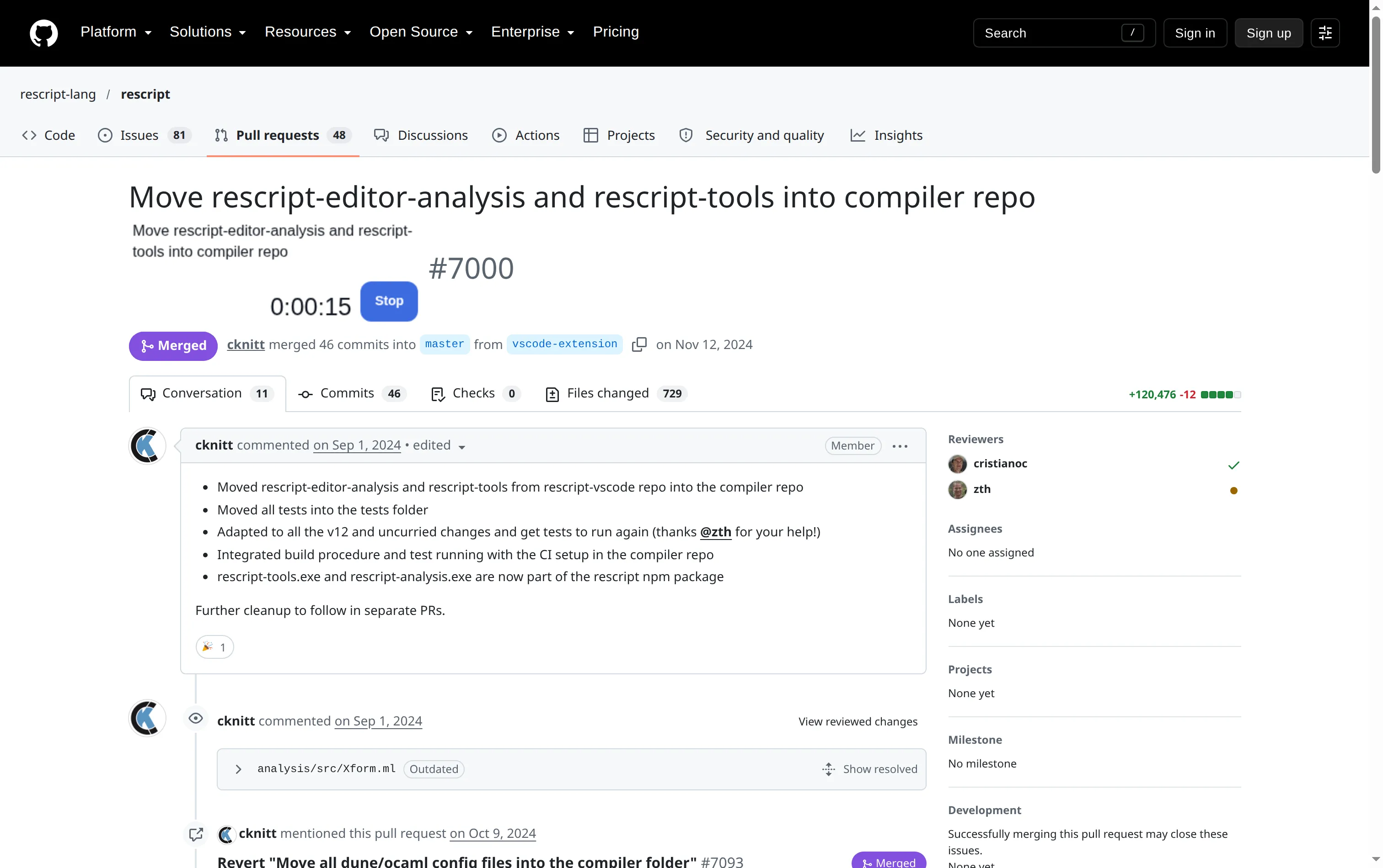 A project page with the Hourclose browser extension beside its title: a timer running at 0:00:15 and a Stop action.