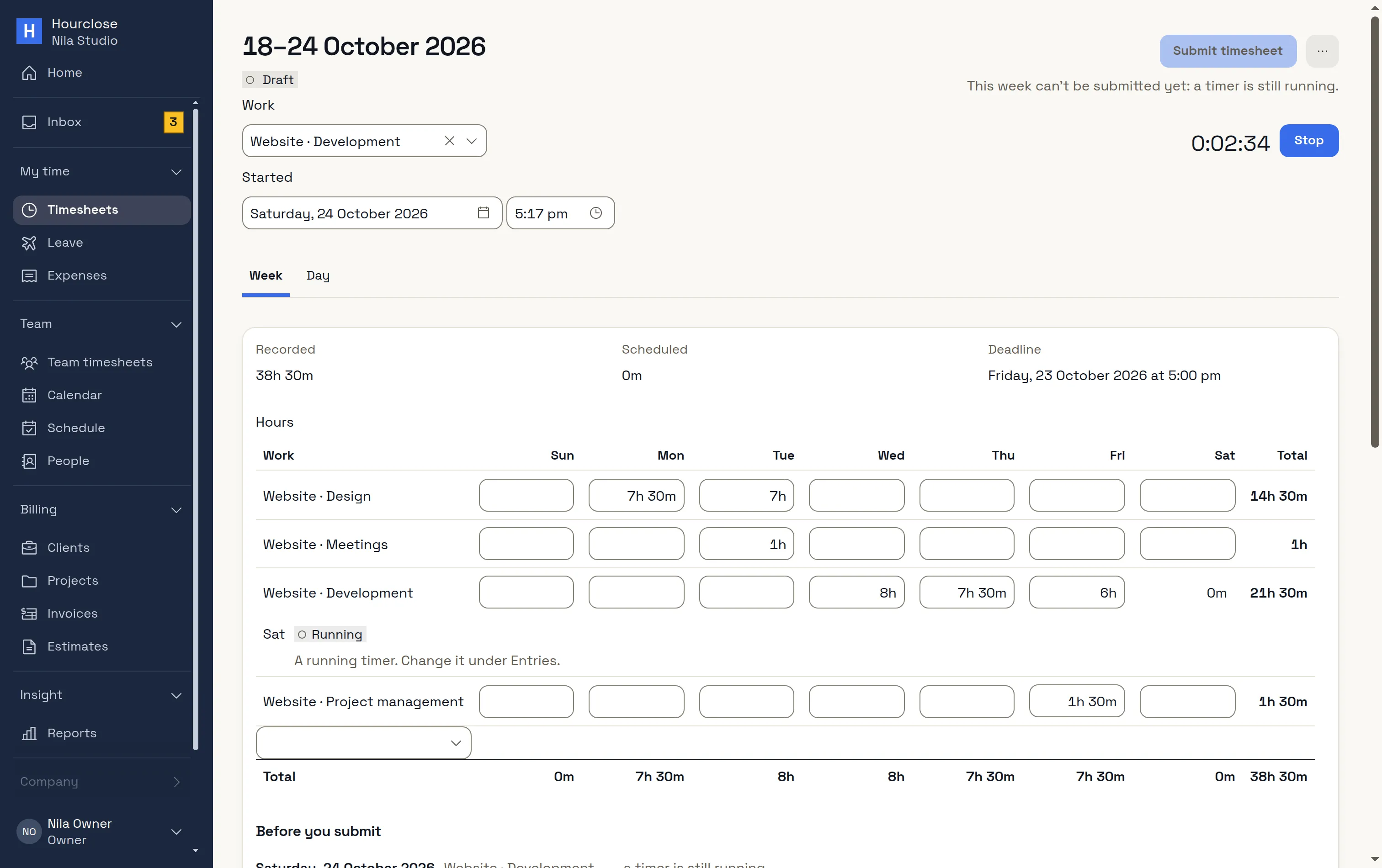 The timesheet week with 38 hours 30 minutes recorded across four pieces of work and the extension's timer still running.