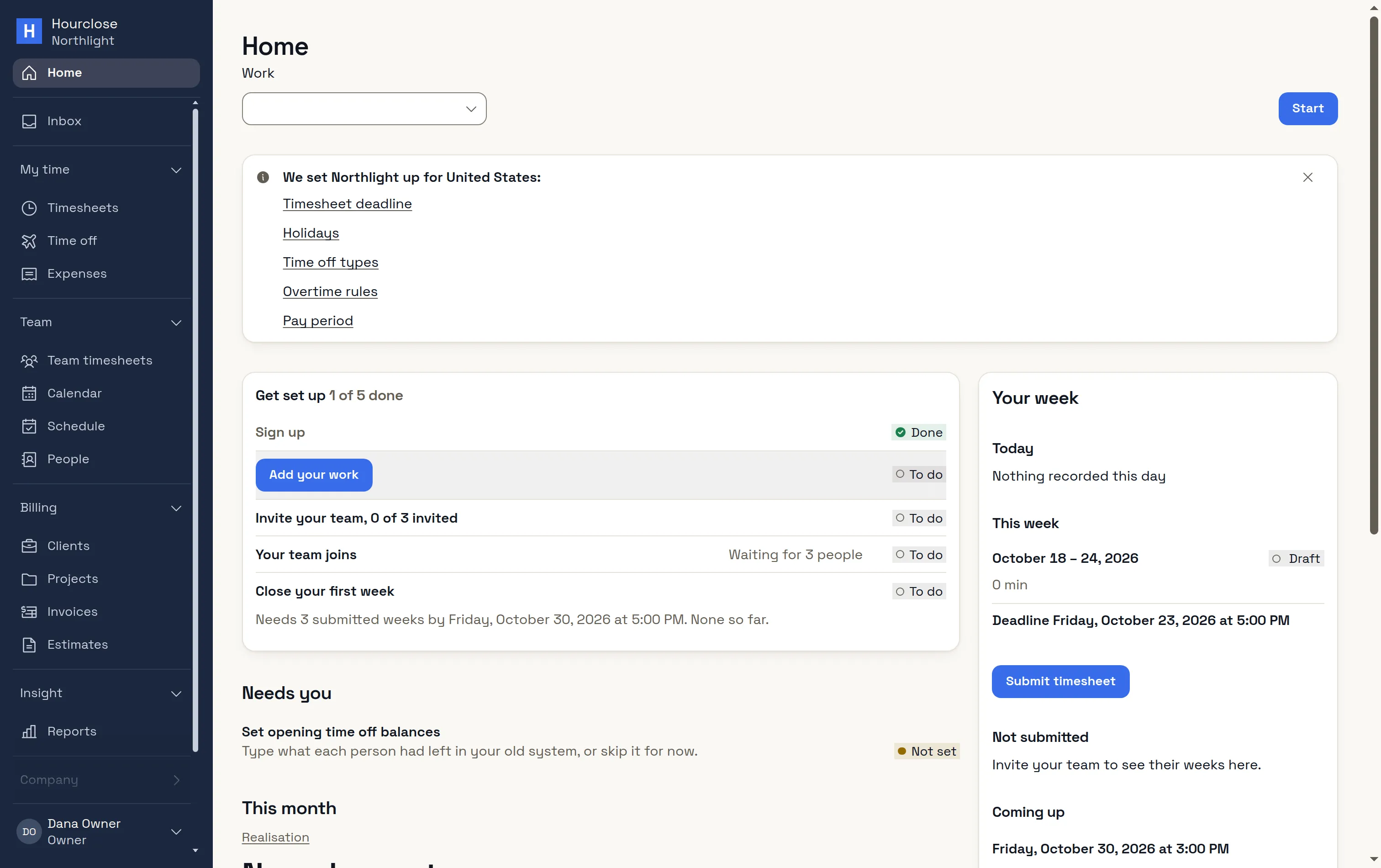 Northlight's first Home: the message We set Northlight up for United States with its links to the timesheet deadline, holidays, time off types, overtime rules and pay period, and the Get set up checklist, 1 of 5 done.
