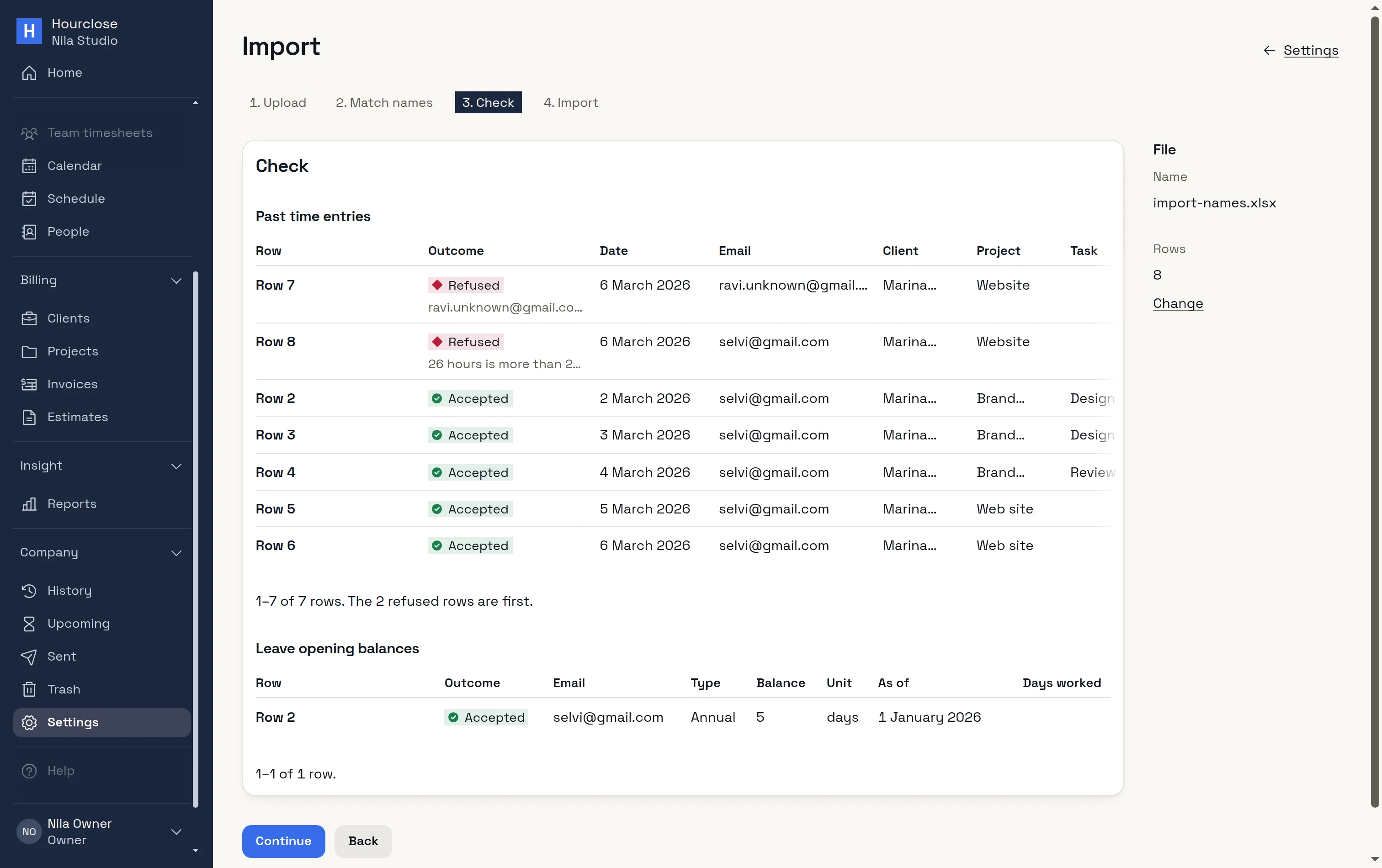 Import preview in Settings: past time entries to be added, two refused, and leave opening balances for Earned leave.
