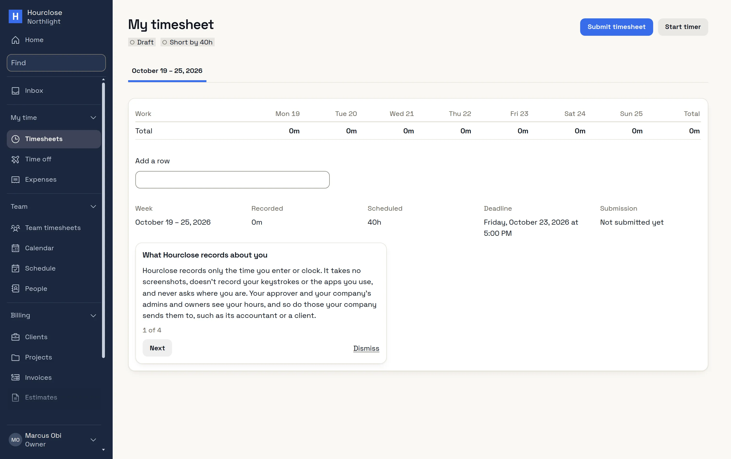 A person's timesheet with the card What Hourclose records about you: only the time you enter or clock, no screenshots, keystrokes, apps or location.