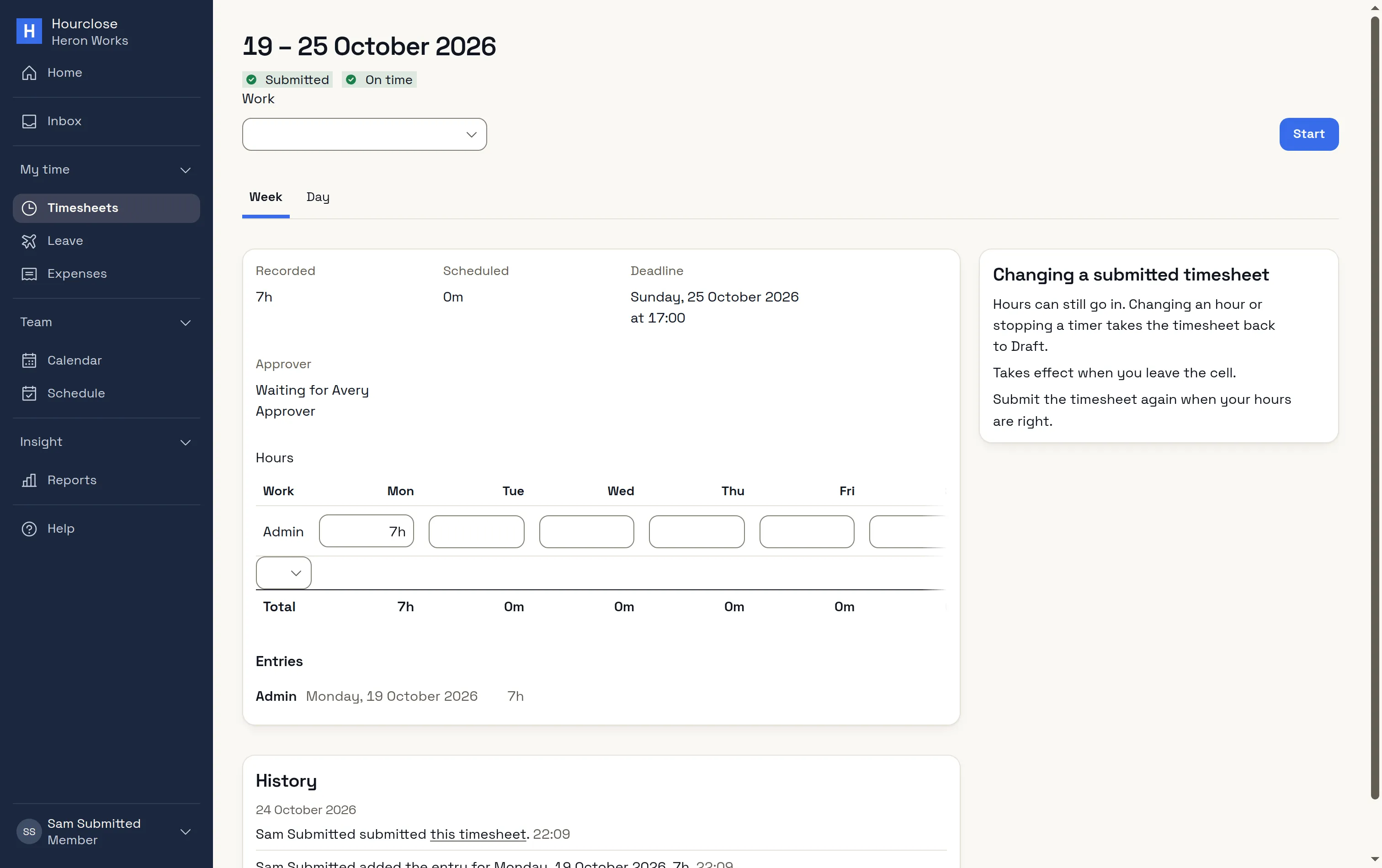 A person's timesheet for 19 to 25 October, Submitted on time and waiting for the approver.